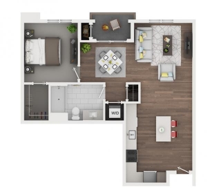 Floorplan of 1 bedroom, 1 bath, 806 sq.ft., storage closet in balcony