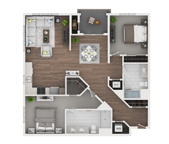 Floorplan of 2 bedroom, 2 bath, 1,279 sq.ft., walk-in closet, corner location