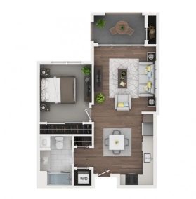 Floorplan of 1 bedroom, 1 bath, 654 sq.ft., storage closet in balcony