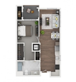 Floorplan of 1 bedroom, 1 bath, 670 sq.ft., storage closet in balcony