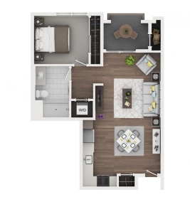 Floorplan of 1 bedroom, 1 bath, 686 sq.ft., storage closet in balcony
