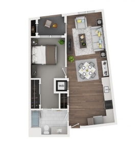 Floorplan of 1 bedroom, 1 bath, 698 sq.ft., storage closet in balcony