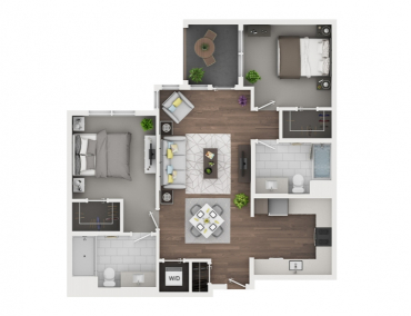 Floorplan of 2 bedroom, 2 bath, 1,013 sq.ft., walk-in closet