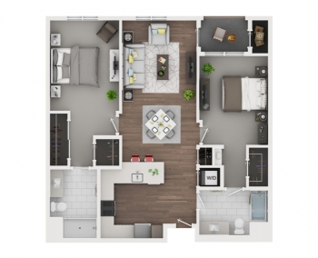 Floorplan of 2 bedroom, 2 bath, 1,272 sq.ft., courtyard or mountain views