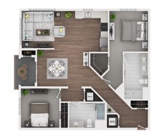 Floorplan of 2 bedroom, 2 bath, 1,272 sq.ft., downtown views, corner location