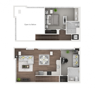 Floorplan of 2 bedroom, 1.2 bath, 1,046 sq.ft., with private entrance on street level