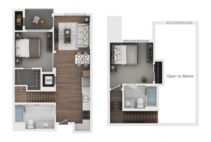 Floorplan of 2 bedroom, 2 bath, 863 sq.ft., on the top floor, downtown view