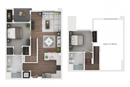 Floorplan of 2 bedroom, 2 bath, 1,006 sq.ft., top floor