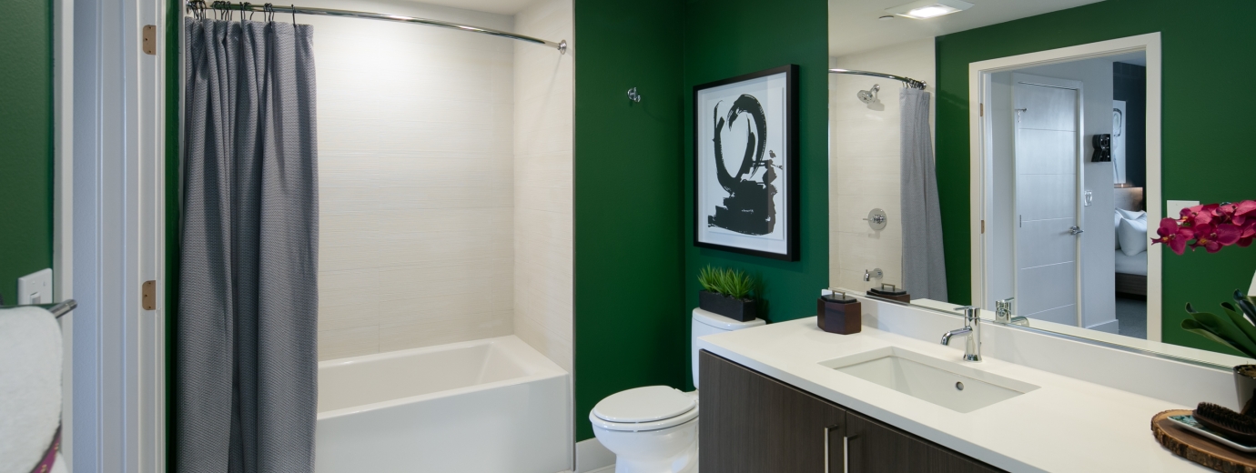 Bathroom with big mirror and green walls