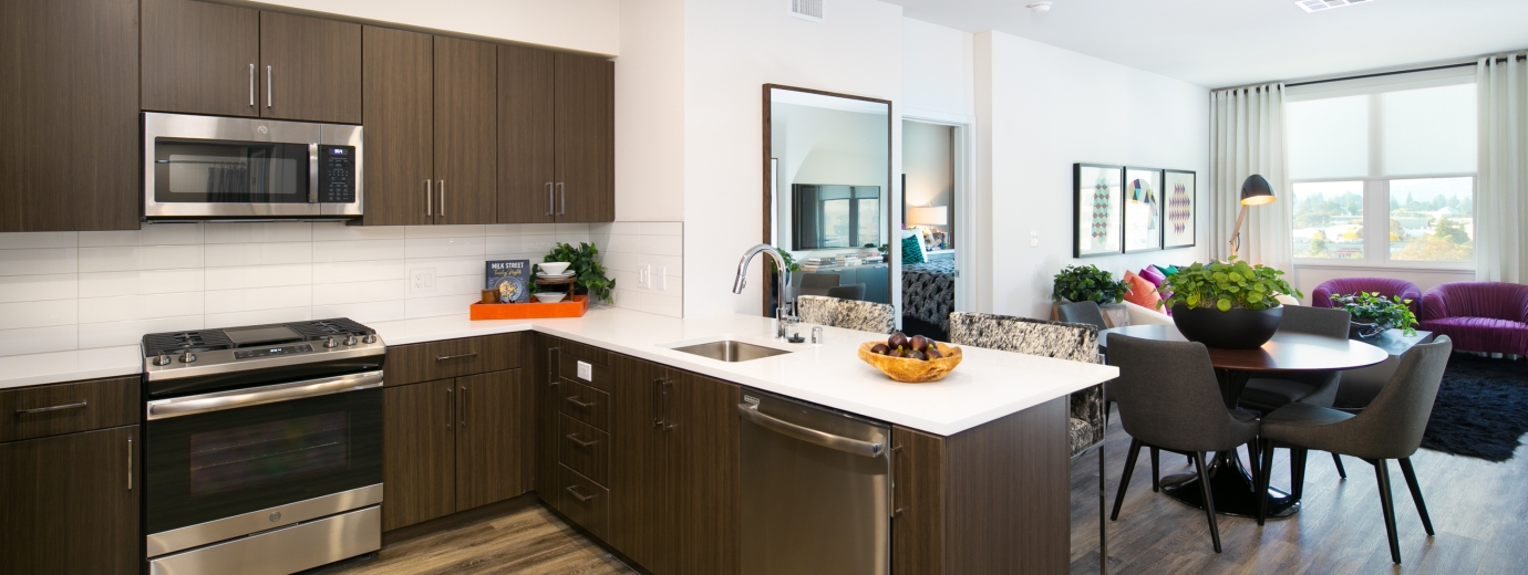 Kitchen, dining room and living room